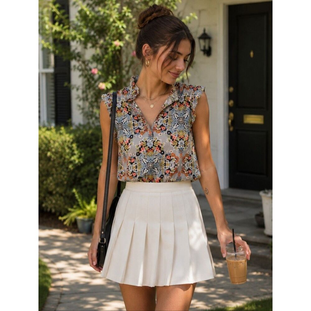 J. Crew Factory Gray Colorful Floral Tank Ruffle Collar Detail 8 Bright Cottage